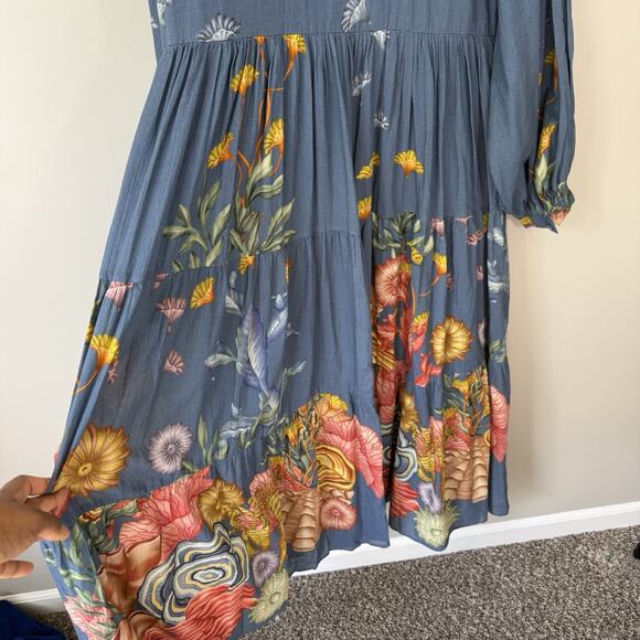 Carolina K Maxi Dress Blue Floral Prints Button Front Size S Long Puff Sleeves - Picture 9 of 11